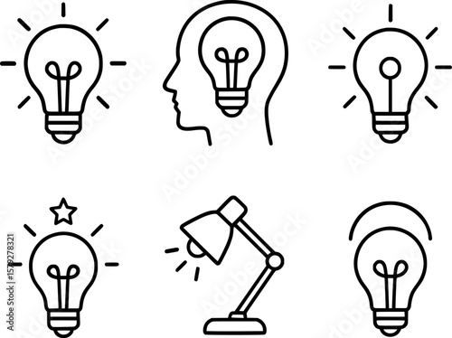 Unique Idea Lightbulb Icon Set – Thin Line Vector Lamps & Innovation Symbols, Editable Stroke Illustration