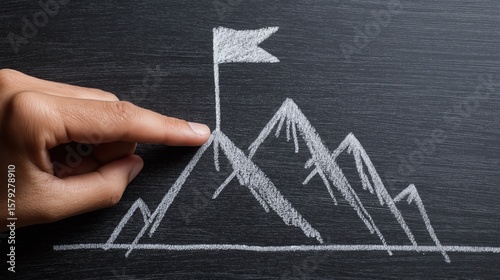 Hand Pointing at Chalk Drawing of Mountains and Flag on Blackboard