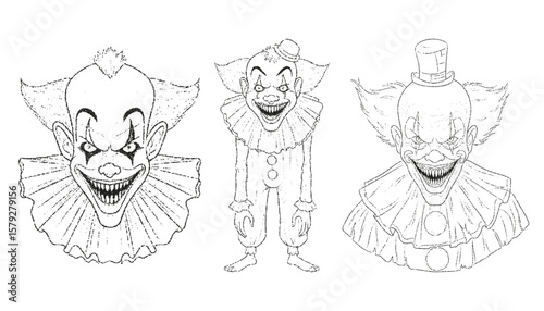 Set of bad and angry clown comic with stipple effect. Detailed and optimised. Resources for creative projects.