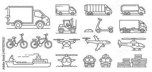 Transportation Icons Line Art Set Delivery Vehicles