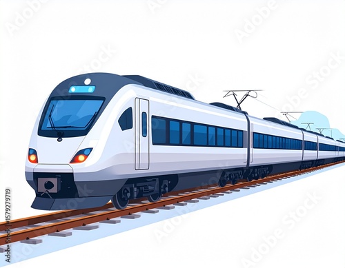 Modern white and gray high-speed train speeding on tracks. This clean illustration depicts fast, efficient transportation.