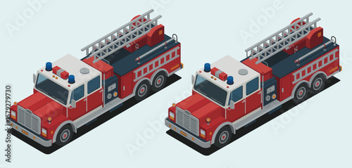 Isometric Illustration of Two Classic Fire Trucks