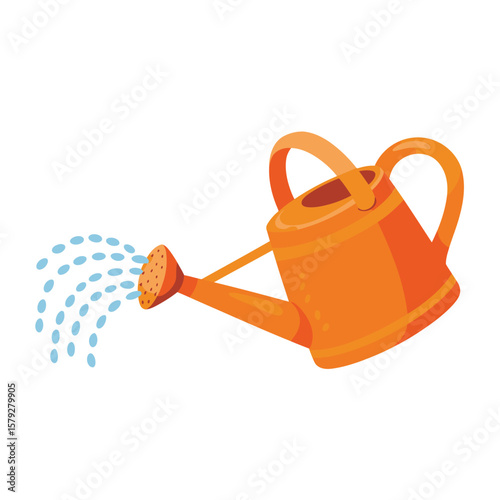 Orange Watering Can Pouring Water on White Background