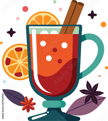 Aromatic Mulled Wine in a Glass with Orange Slices and Cinnamon Sticks for Cozy Winter...