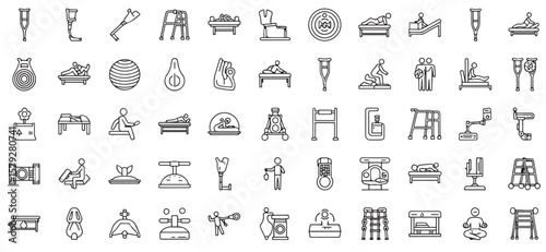 Collection of outline icons representing various physical therapy and rehabilitation equipment and exercises.