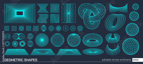 Editable stroke vector set of abstract geometric elements. Grid 3D shapes, wireframe mesh, sphere and cube. Futuristic design in cyberpunk, y2k, retro style. For logo graphic, poster tech background