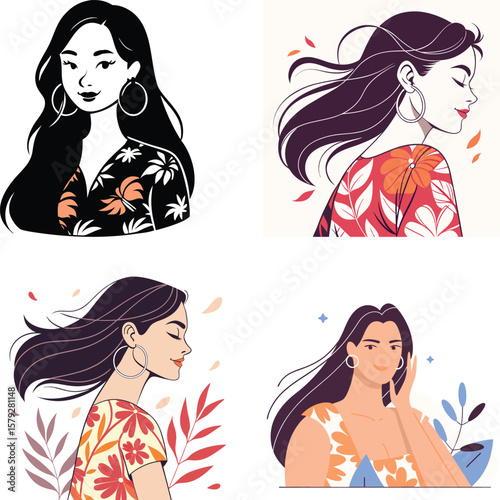 Stylized illustrations of women with flowing hair and floral patterns