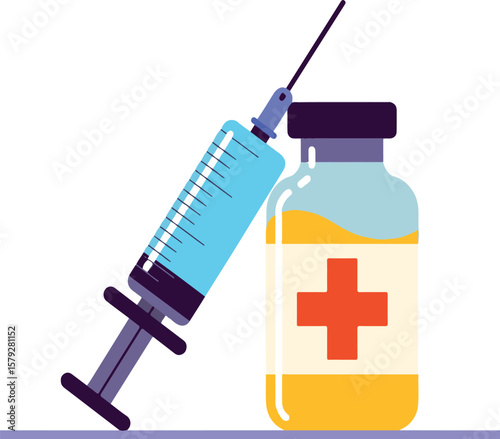 Blue syringe and medical vial with red cross liquid medicine