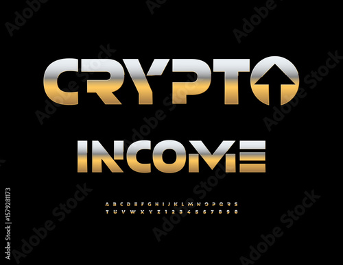 Vector Business logo Crypto Income with Golden Arrow. Elite futuristic Futuristic Font. Premium Alphabet Letters and Numbers set.