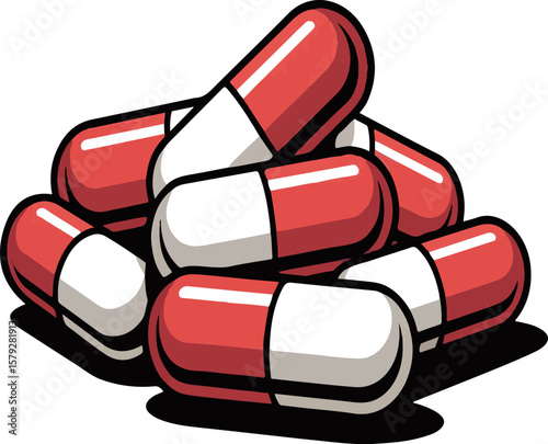 Pile of red and white capsules with black outlines pills medication