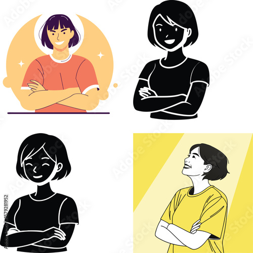 Diverse illustrations of a confident woman with arms crossed