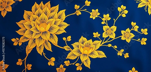 Intricate gold chrysanthemum and plum blossom pattern on deep indigo fabric, traditional, photography