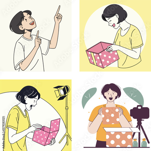 Excited person unboxing gifts and filming content for social media
