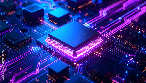 Vibrant Microchip on Circuit Board with Glowing Blue and Pink Connections Futuristic Technology Concept