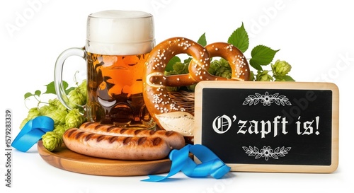 A traditional Oktoberfest spread featuring a beer mug, pretzels, sausages, and a chalkboard sign reading 