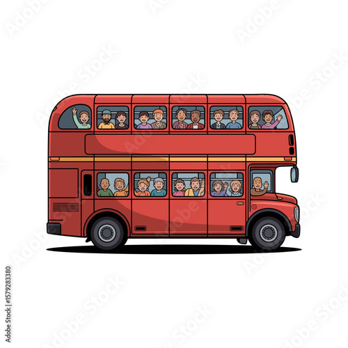 Red Double Decker Bus: A vibrant illustration of a classic red double-decker bus cruising through a city, filled with passengers enjoying a lively urban scene.
