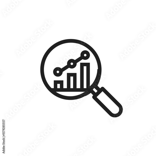 Magnifying glass analyzing upward trending bar graph, data growth, progress, business analytics.