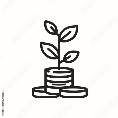 Plant sprouting from stack of coins, symbolizing growth and investment.