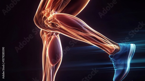 A close-up anatomical illustration highlighting the hamstring muscles in action during a dynamic sprint