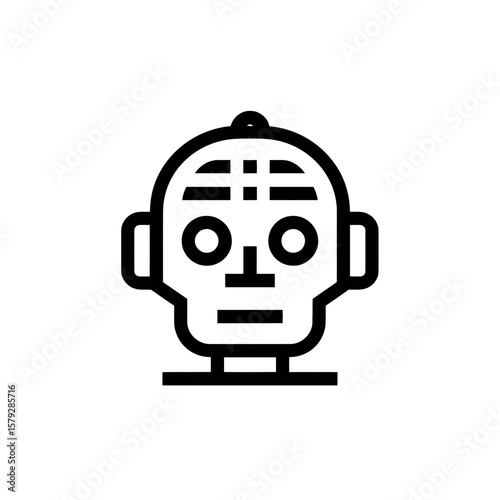 A minimalist line art illustration of a robot's head, featuring simple geometric shapes and a neutral expression.