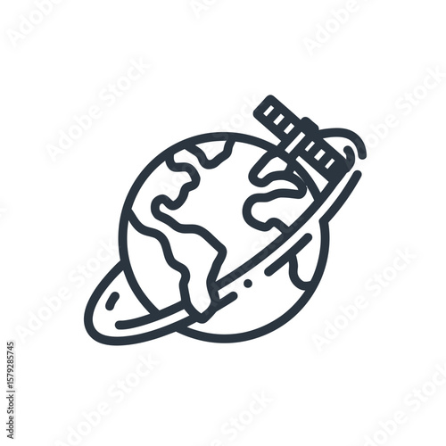 Satellite orbiting Earth, global communication, space exploration, simple line art illustration.