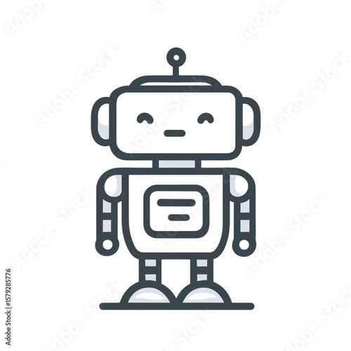 Friendly cartoon robot, simple design, standing, black lines, white background.