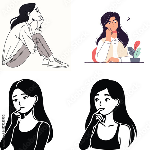 Diverse illustrations of women deep in thought and contemplation