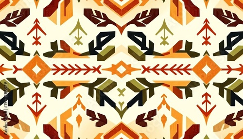 Seamless tribal arrow pattern wallpaper, earthy tones, geometric design,  illustration,  handmade