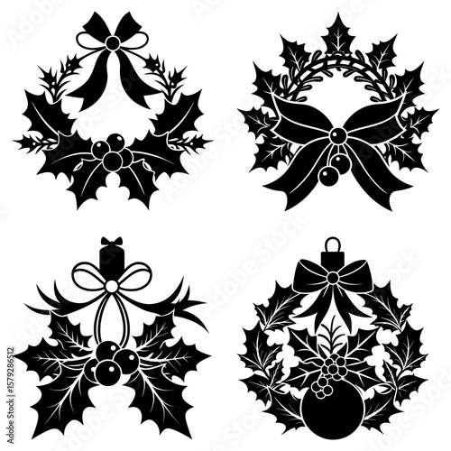 Four christmas wreaths with holly leaves and berries and bows in black and white vector illustration