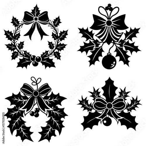 Four christmas wreaths and holly decorations with bows and ornaments in black and white vector graphics