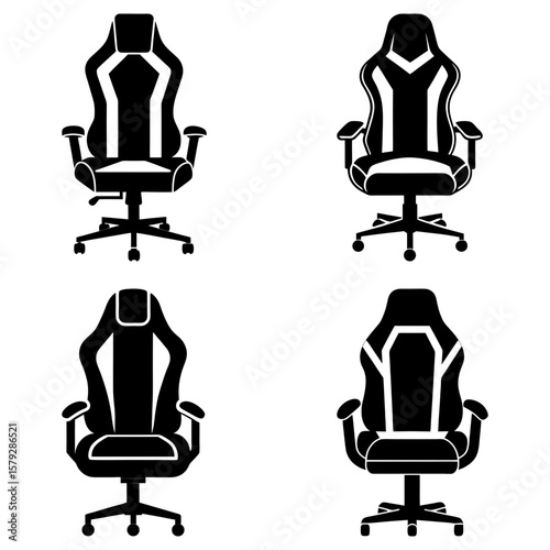 Illustration showing four black and white gaming chairs with different designs and ergonomic features