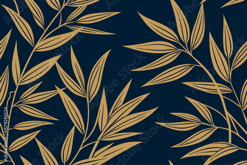 Elegant gold bamboo leaves pattern on a dark navy blue background for wallpaper or textile design