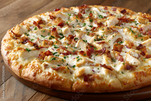 Delicious chicken bacon ranch pizza on wooden board ready to be served