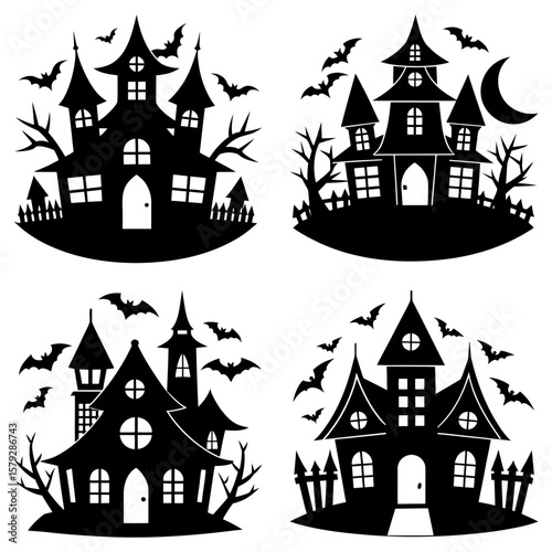 Wallpaper Mural Collection of four spooky haunted houses with bats and bare trees in black silhouette for halloween design Torontodigital.ca