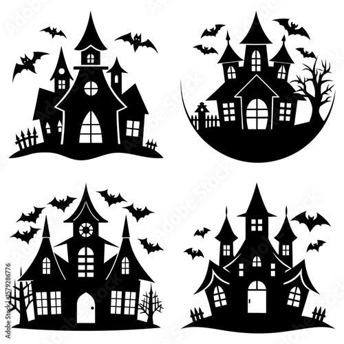 Wallpaper Mural Four halloween haunted houses with bats flying around in a black and white silhouette illustration Torontodigital.ca