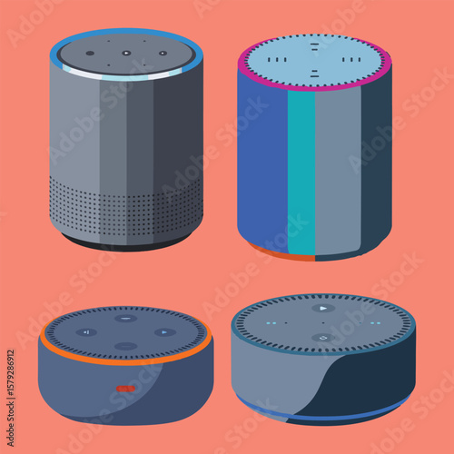 Four smart speakers in different colors and styles voice assistant technology
