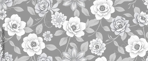 Elegant gray floral wallpaper, seamless repeat pattern for background,  repeat, seamless