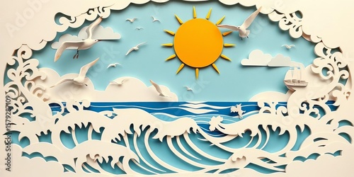 Intricate paper cut design depicting sun, seagulls, and ocean waves, seagulls, visual