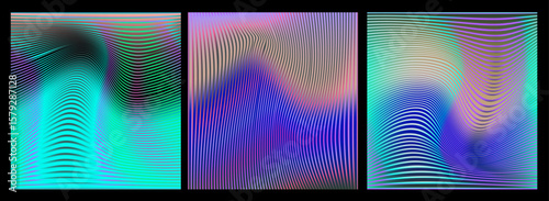 Vector illustration in abstract, op-art style, featuring wavy lines and vibrant gradients. The theme is movement and illusion, with blue, turquoise, pink, and purple colors forming dynamic shapes.