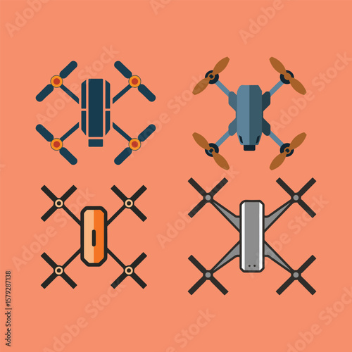 Four stylized drones in various colors and designs quadcopter aerial vehicle
