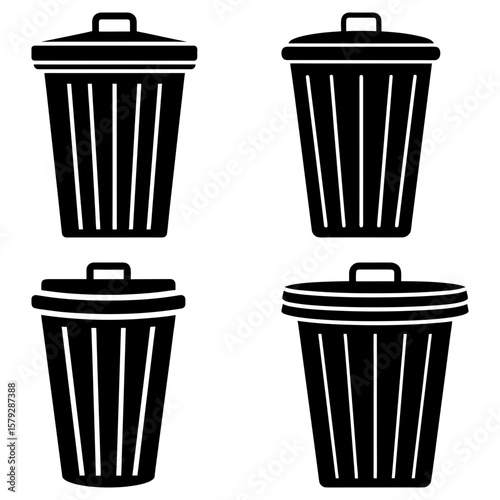Four black and white trash cans with lids in a grid pattern on a white background in vector format