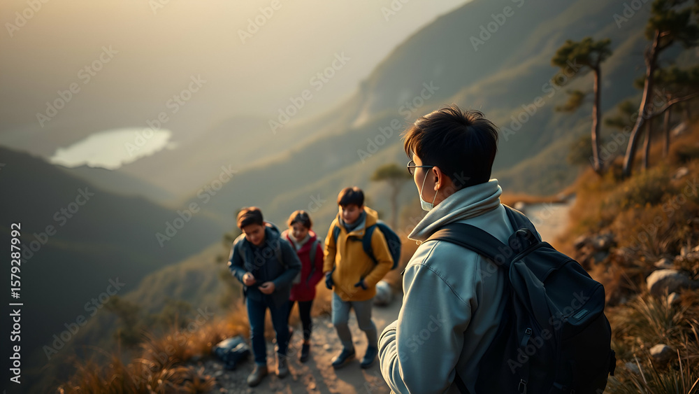 Fototapeta premium Asian engineer teaching students on a mountain trail
