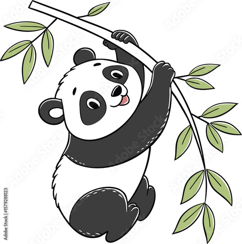 Cute wild baby panda bear with bamboo, a charming cartoon vector illustration