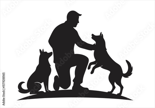 Man with Dogs: A minimalist silhouette shows a man's loving interaction with two dogs. a touching moment of friendship and companionship, perfect for illustrating pet care, canine training.