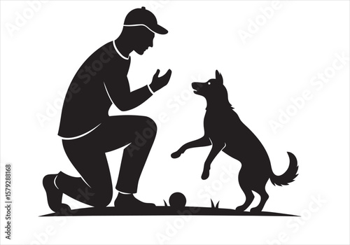Dog Training Moment: A silhouette captures a heartwarming scene of dog obedience training. A person kneels, attentively guiding a dog through a command, illustrating the bond of trust.