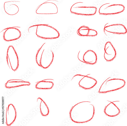 A collection of red crayon oval and circle shapes scattered on a white background with varying orientations