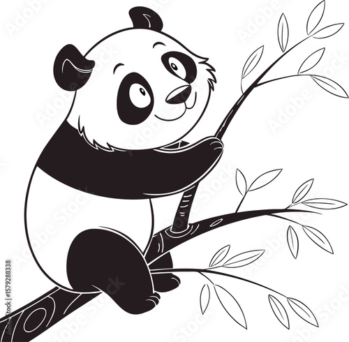 Cute baby panda cartoon character with bamboo, a fun black and white animal illustration from the wilds of Asia