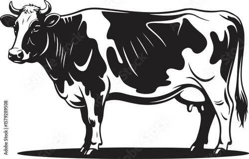 Full Body Cow Vector Illustration with Spots and Udder in Black and White