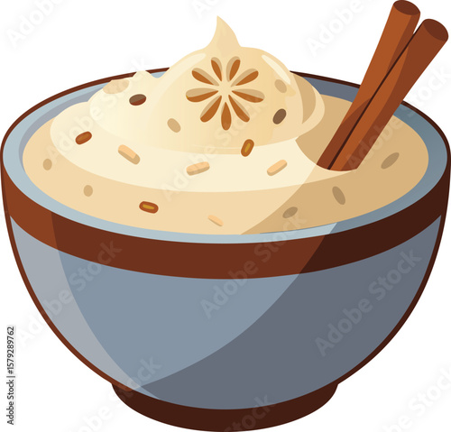 Beverage and Drink Delicious Creamy Rice Pudding in a Bowl with Cinnamon Sticks, Sweet Dessert Treat