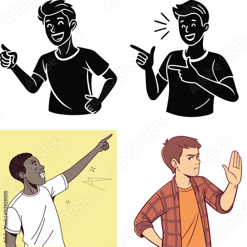 Diverse people gesturing pointing and expressing emotions in graphic illustrations